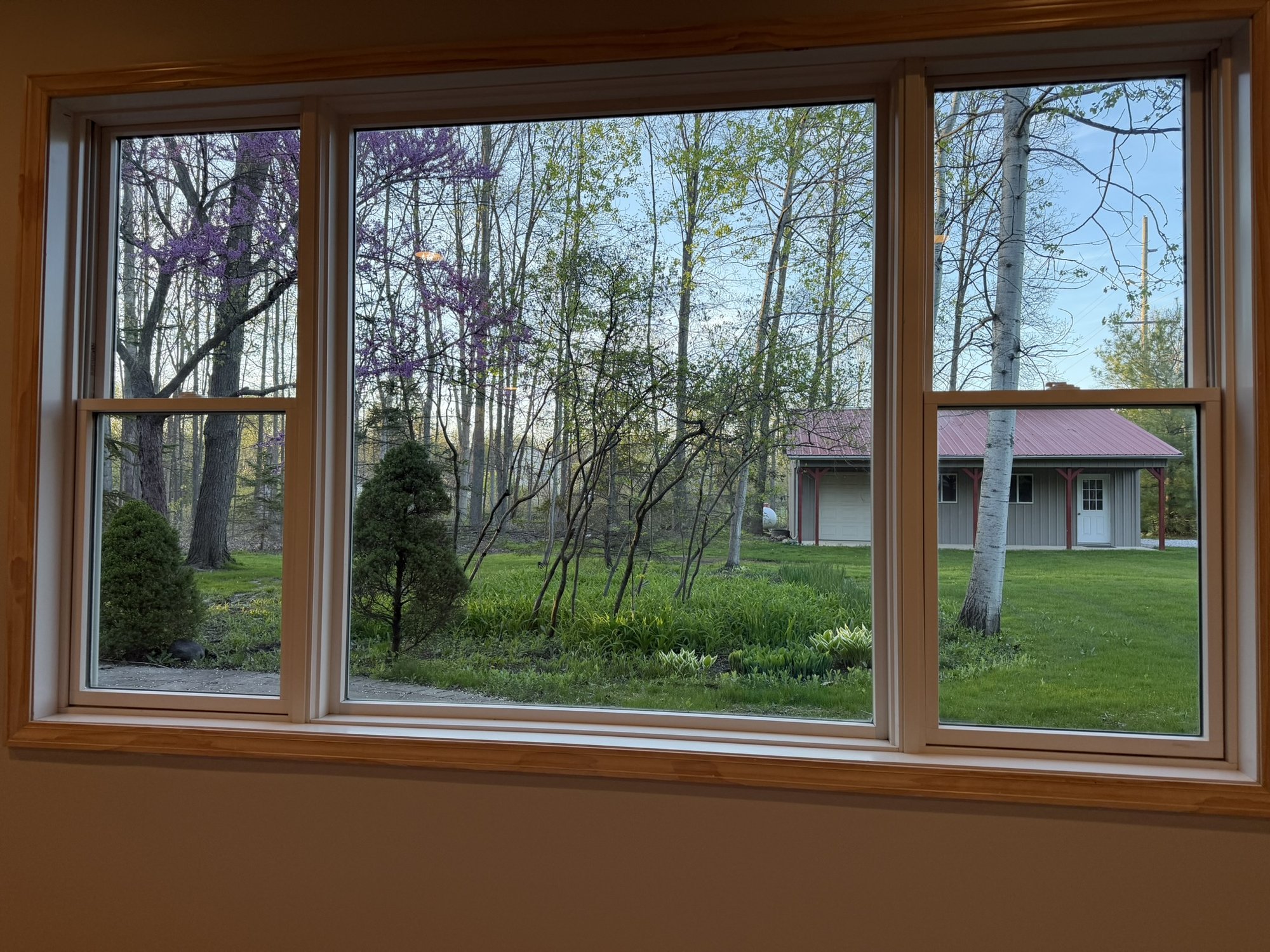 Lower level — window view of flowering trees and pole barn